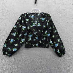 Vero Moda Black Blue Floral Print Smocked Waist Crop Top Blouse XS NEW‎